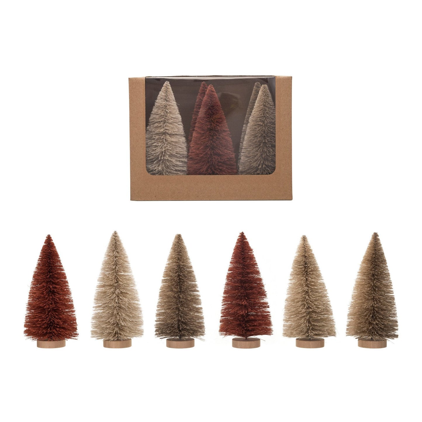 Sisal Bottle Brush Trees w/ Wood Bases, Grey & Mauve, Boxed Set of 6