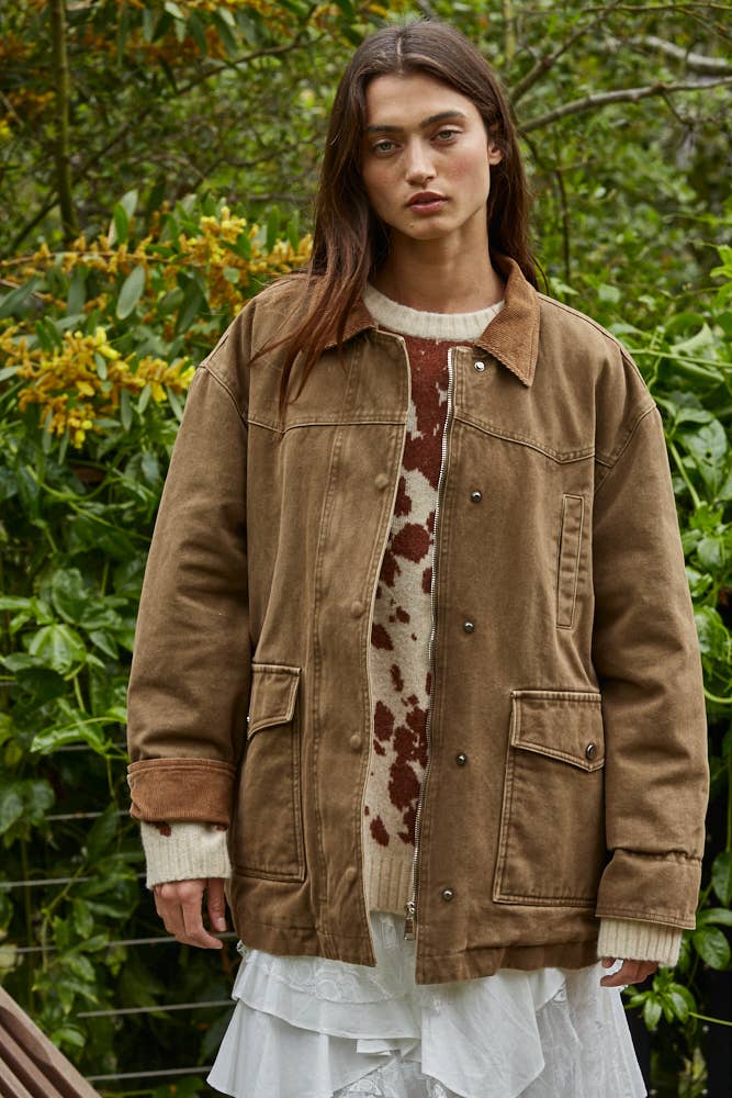 L8757 | Woven Cotton Collared Zip-Up Long Sleeve Jacket: Olive Brown / M