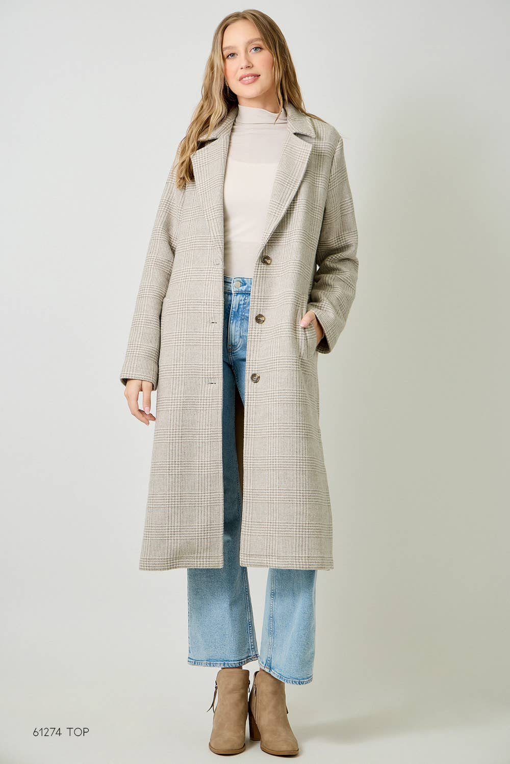 61159 Houndstooth Plaid Long Coat: Latte / Large
