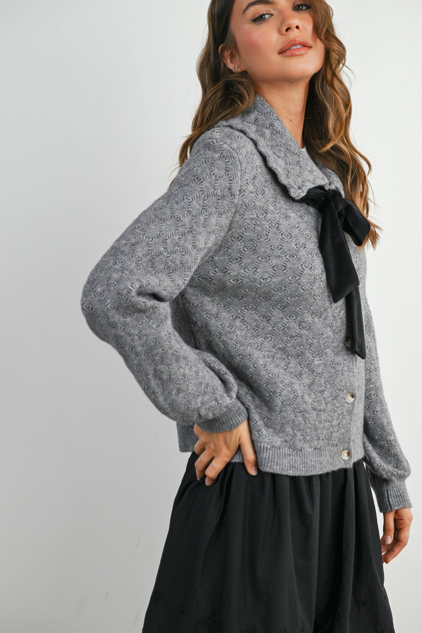 Button-Up Bow Front Collared Long Sleeve Top - BMC7776: IVORY / BLACK / L