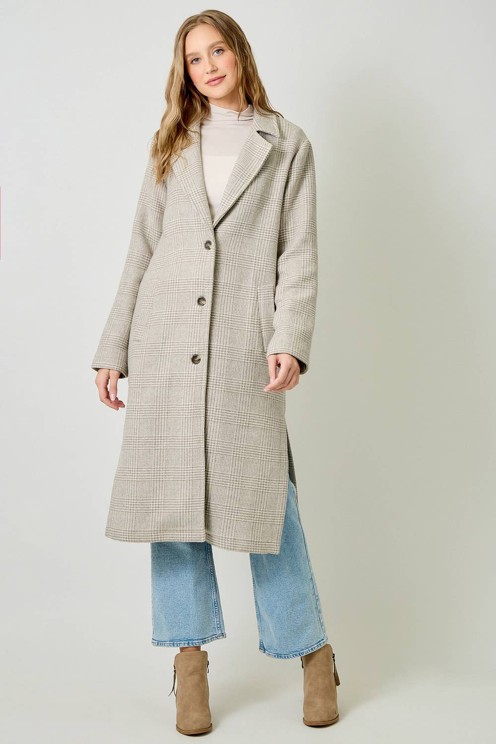61159 Houndstooth Plaid Long Coat: Latte / Small