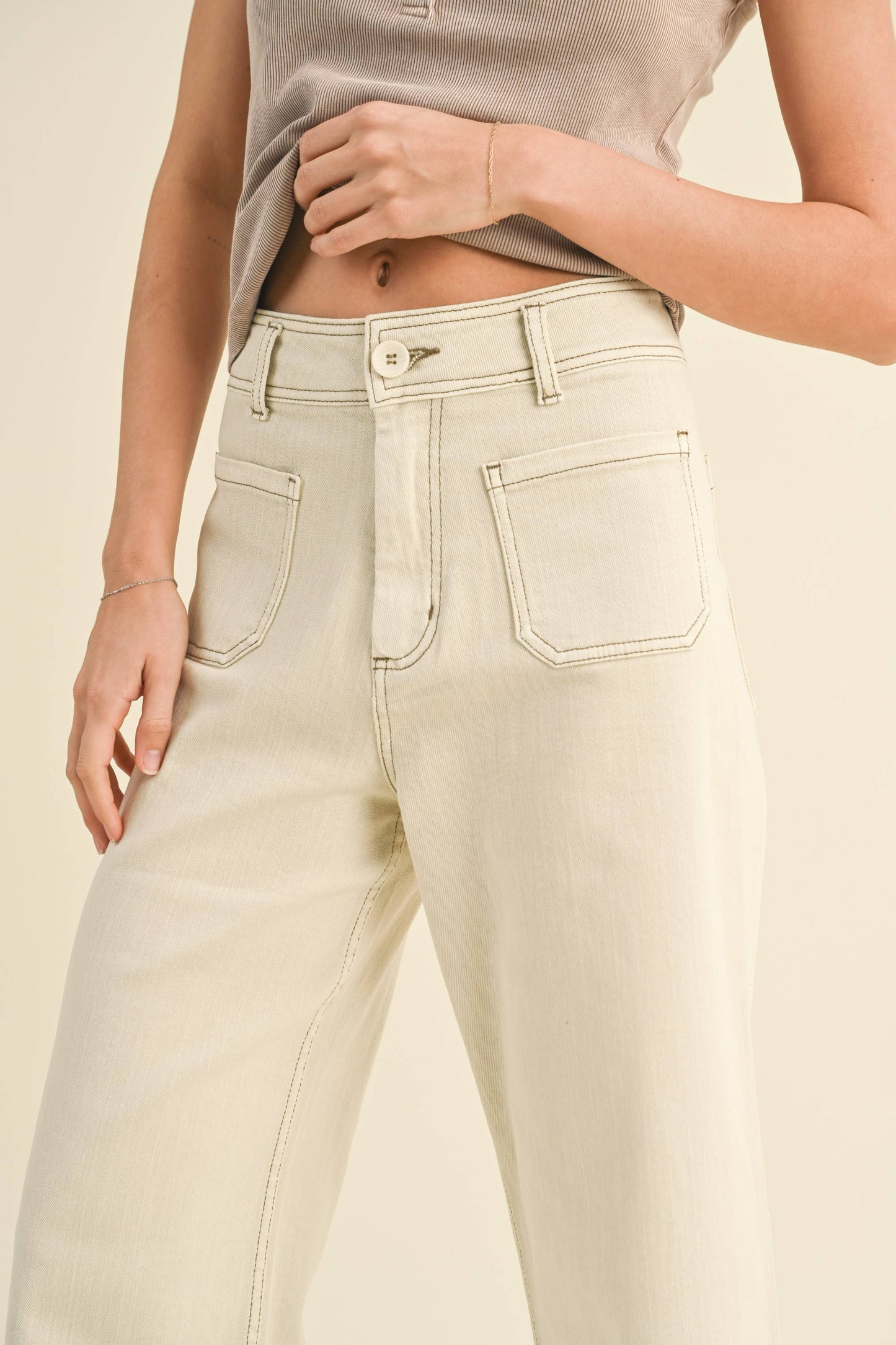 MMP1913   STRAIGHT WIDE LEG PANTS WITH FRONT POCKET: Washed Brown / S