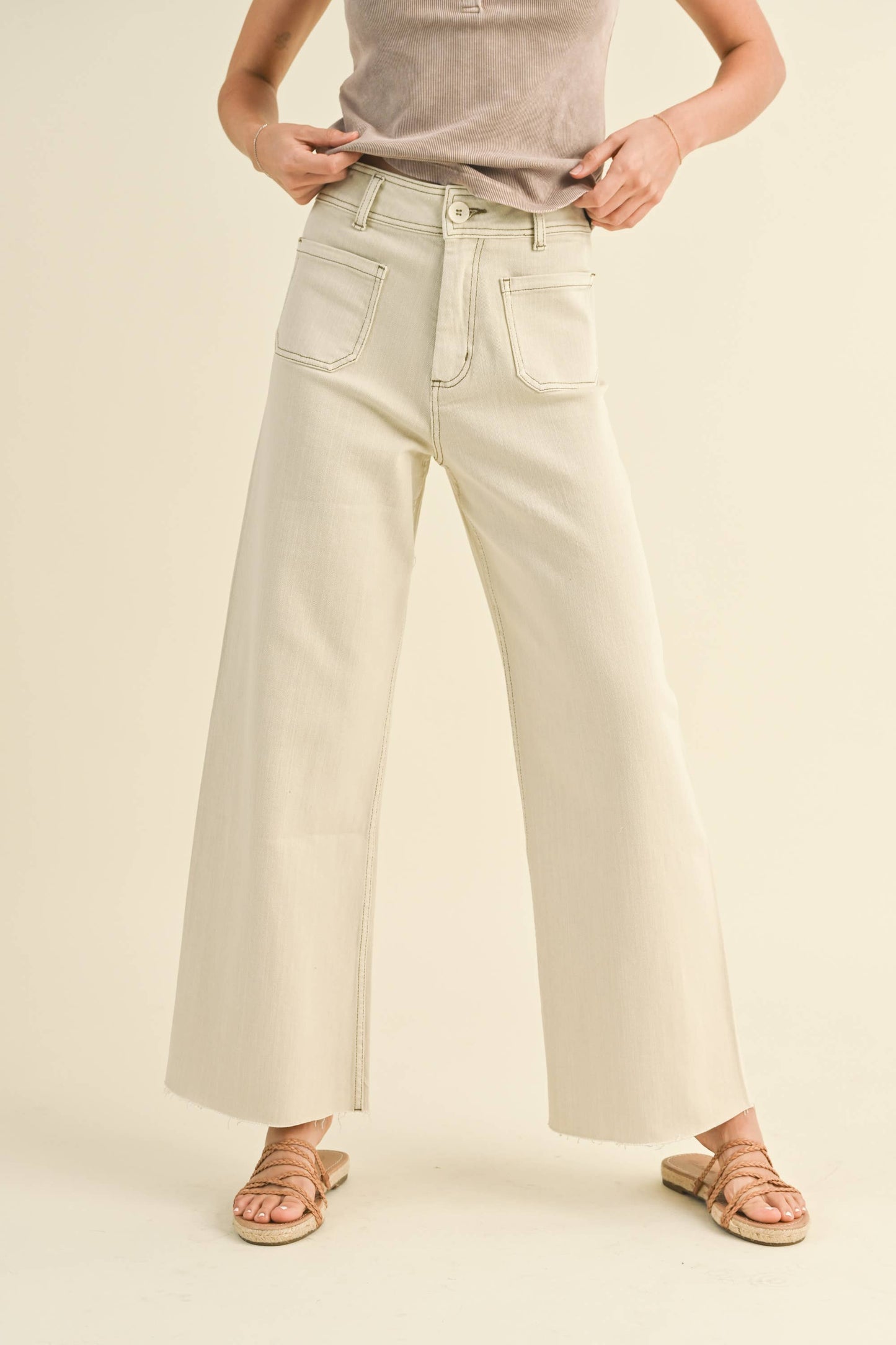MMP1913   STRAIGHT WIDE LEG PANTS WITH FRONT POCKET: Washed Brown / L