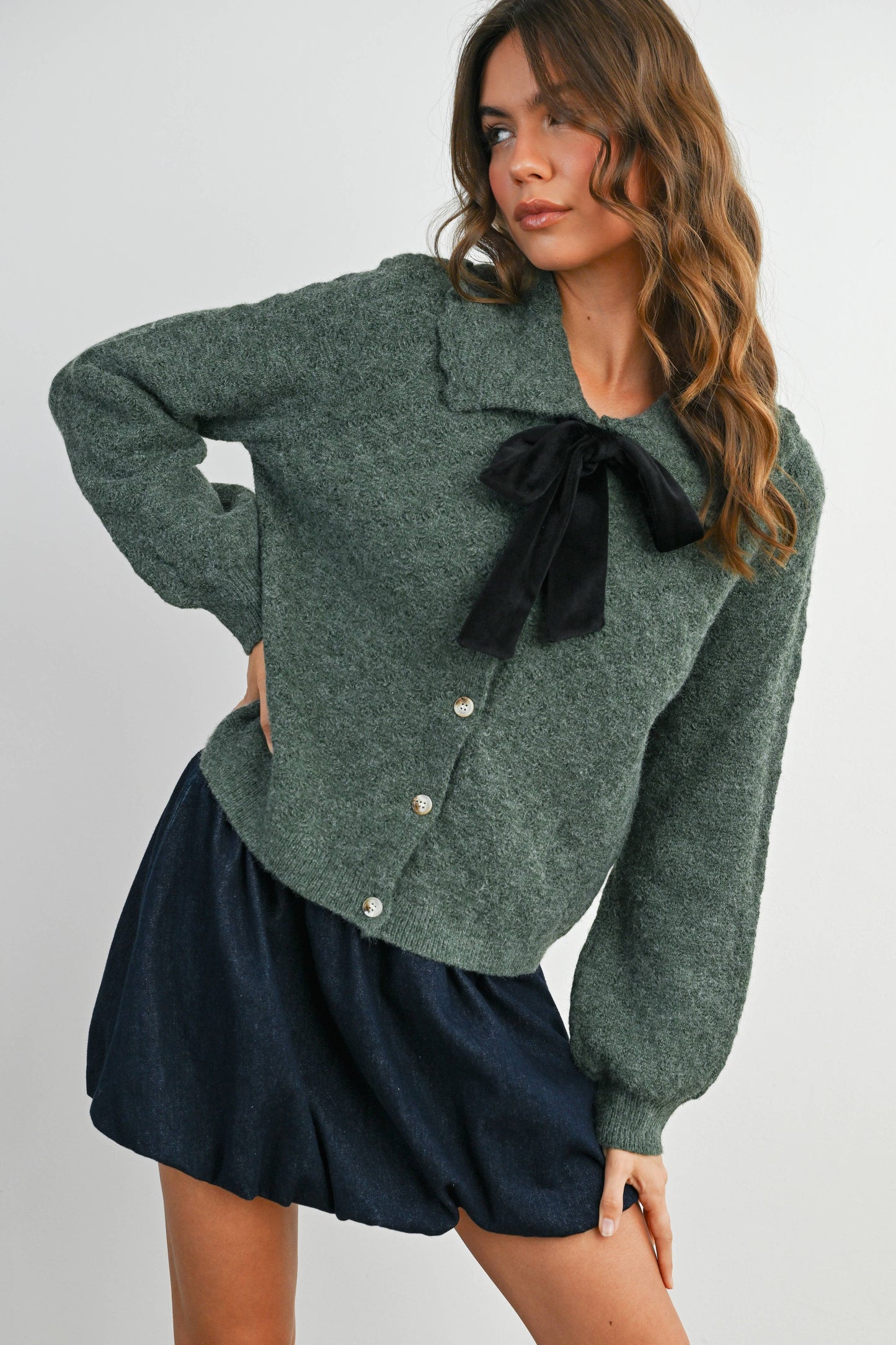 Button-Up Bow Front Collared Long Sleeve Top - BMC7776: IVORY / BLACK / L