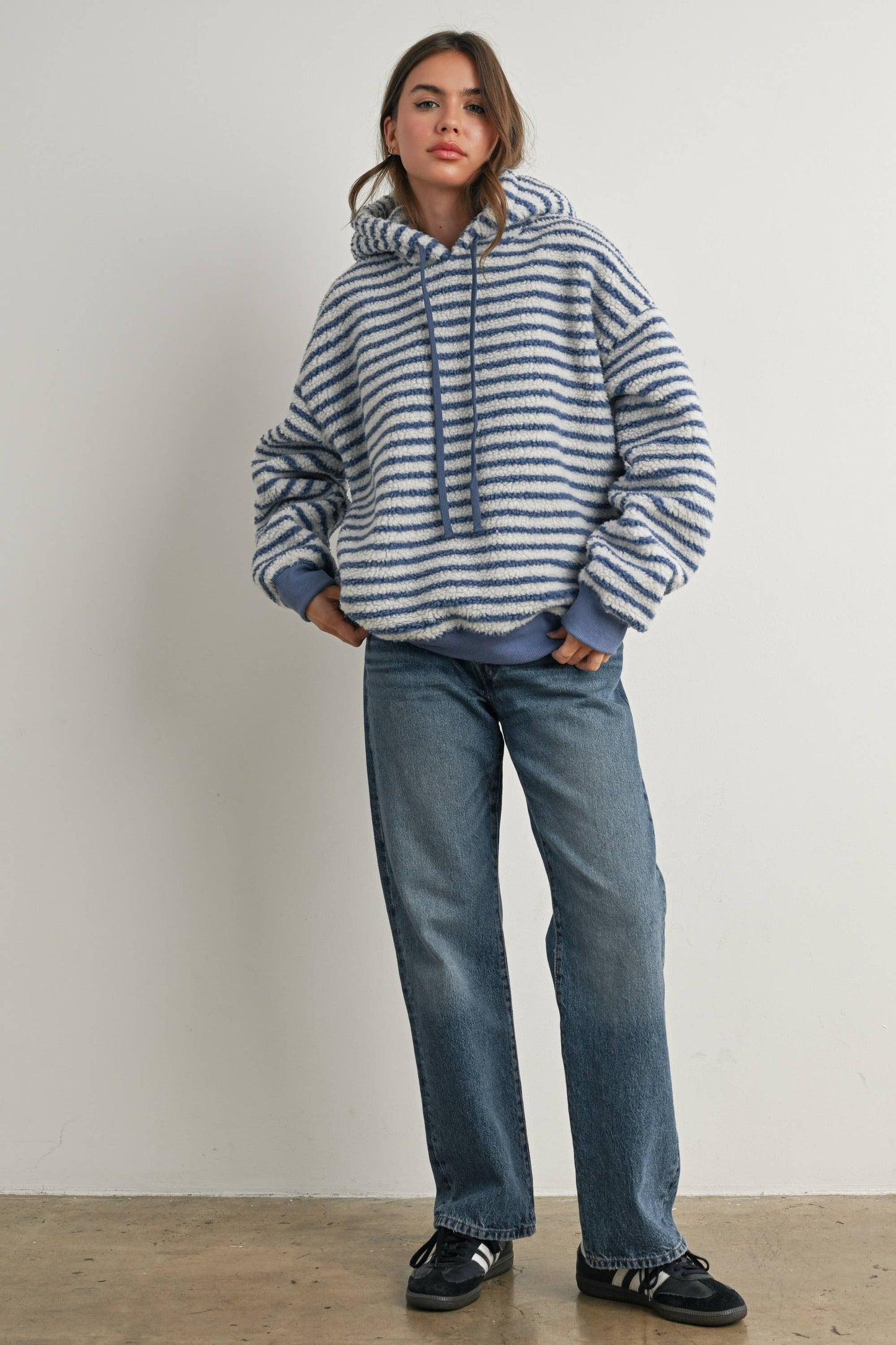 Brushed Striped Puffy Hoodie - BMT7801: BLUE / IVORY / L