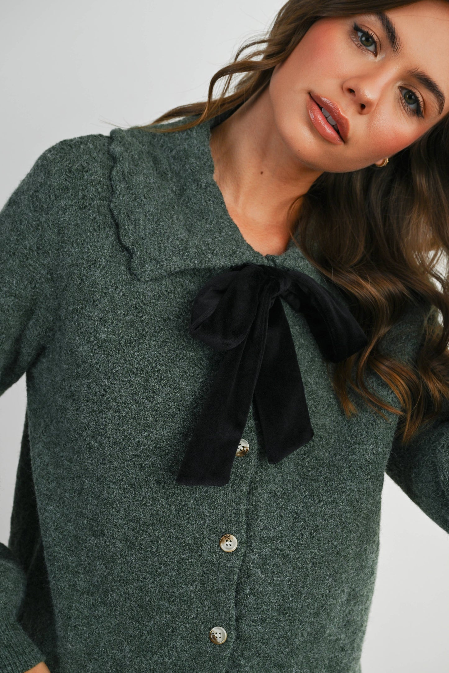 Button-Up Bow Front Collared Long Sleeve Top - BMC7776: IVORY / BLACK / S
