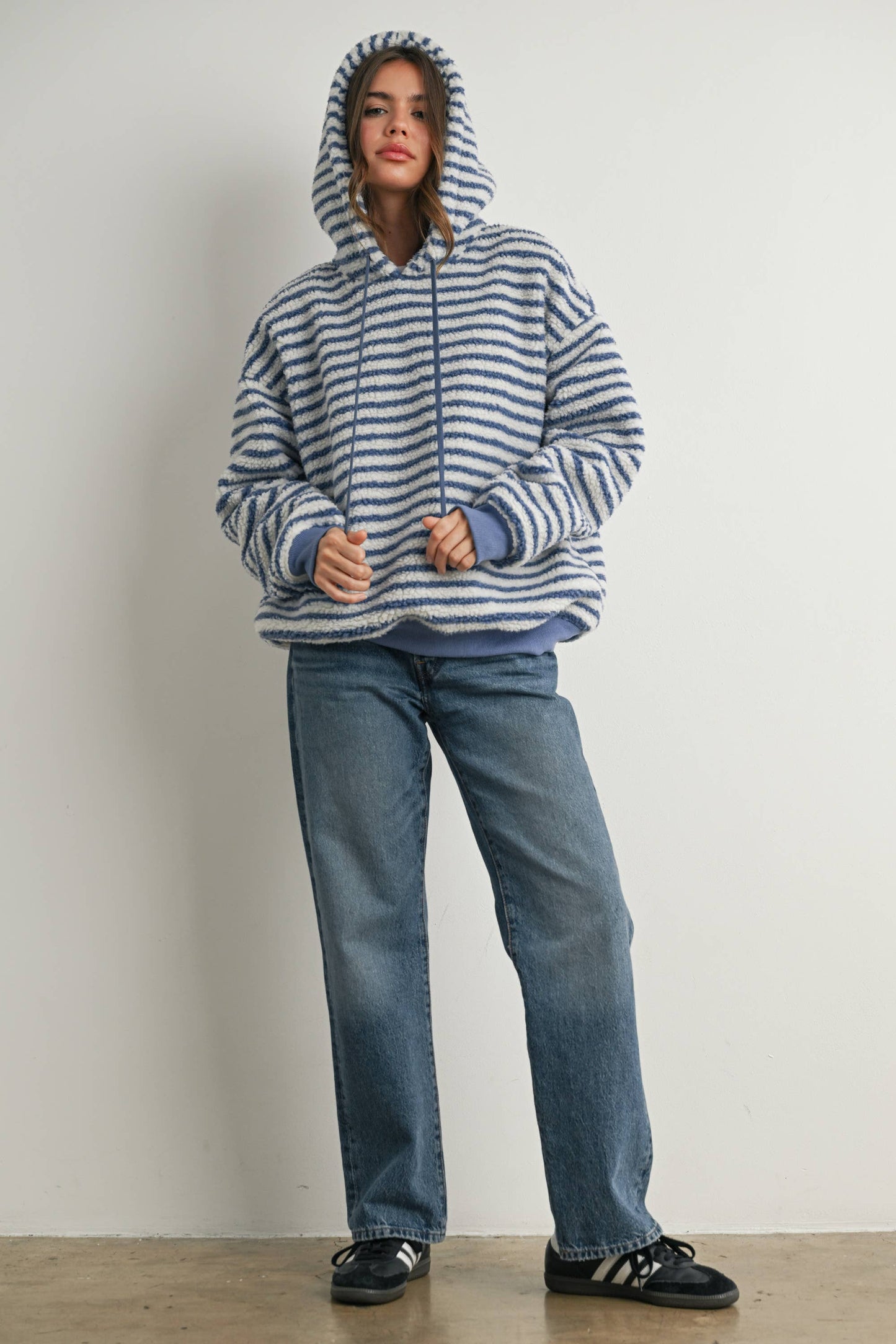 Brushed Striped Puffy Hoodie - BMT7801: BLUE / IVORY / L
