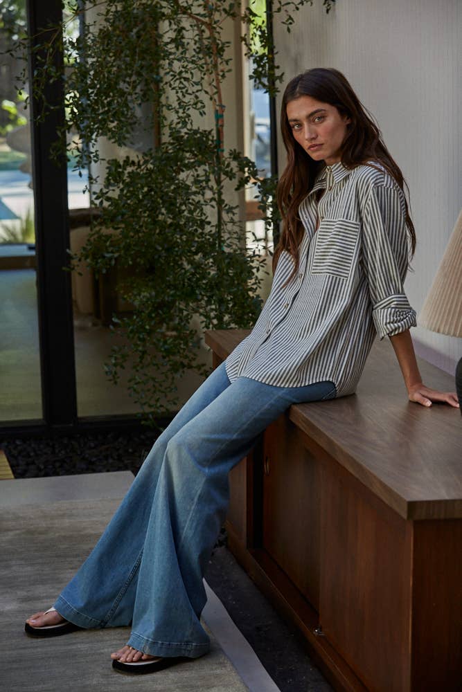 L5611 | Woven Cotton Collar Neck Button Front Long Sleeve: Blue / L