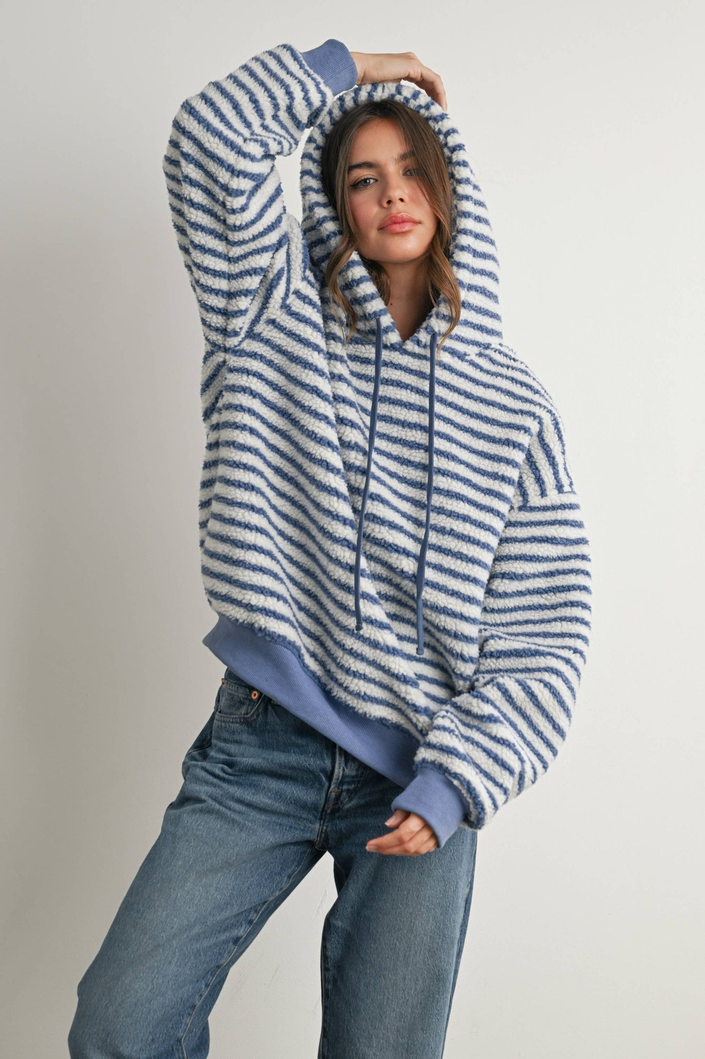 Brushed Striped Puffy Hoodie - BMT7801: BLUE / IVORY / L