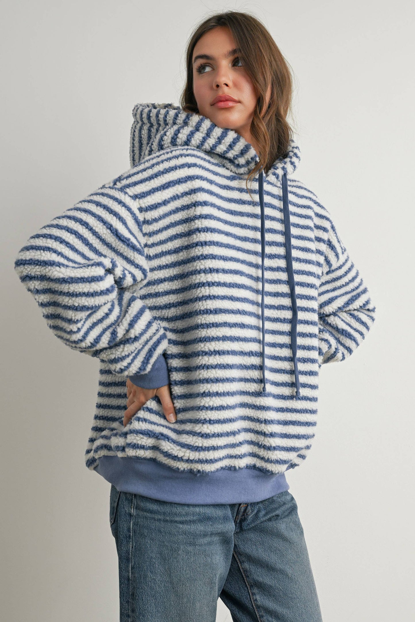 Brushed Striped Puffy Hoodie - BMT7801: BLUE / IVORY / L