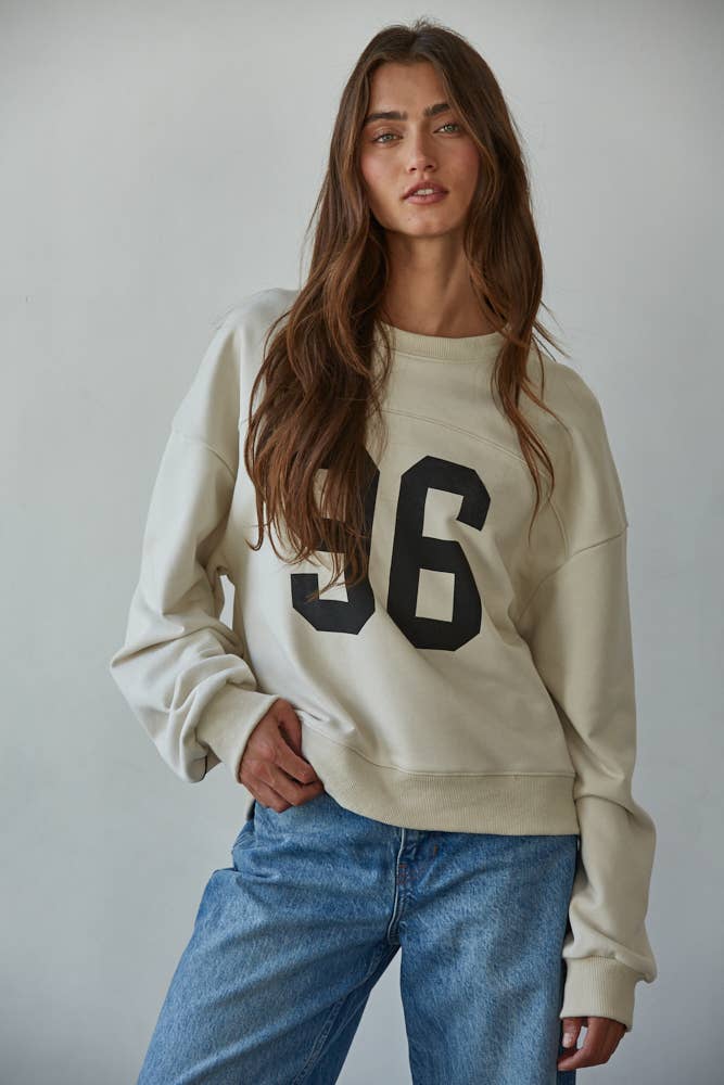 Knit Printed Number Graphic on Front Pullover: Cream / S