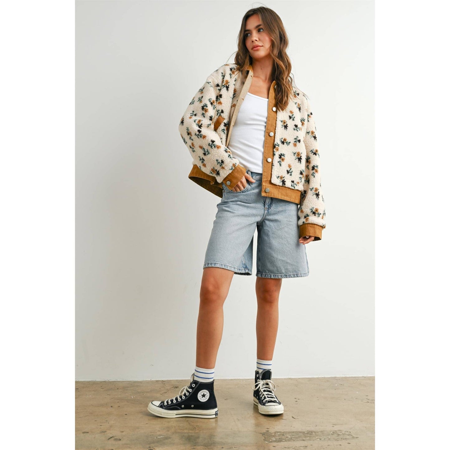 Floral  Collared Button-Down Jacket - BMJ7881: CREAM / CAMEL / L