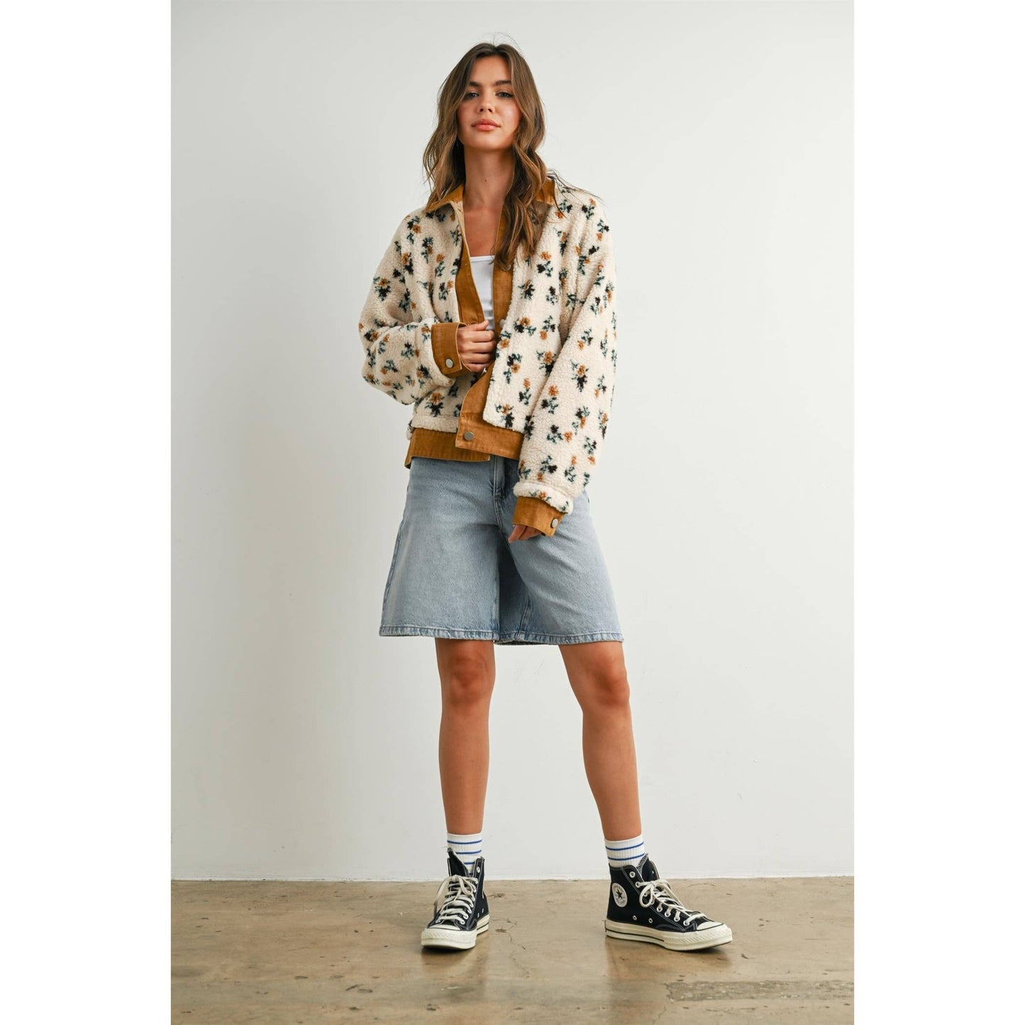 Floral  Collared Button-Down Jacket - BMJ7881: CREAM / CAMEL / M