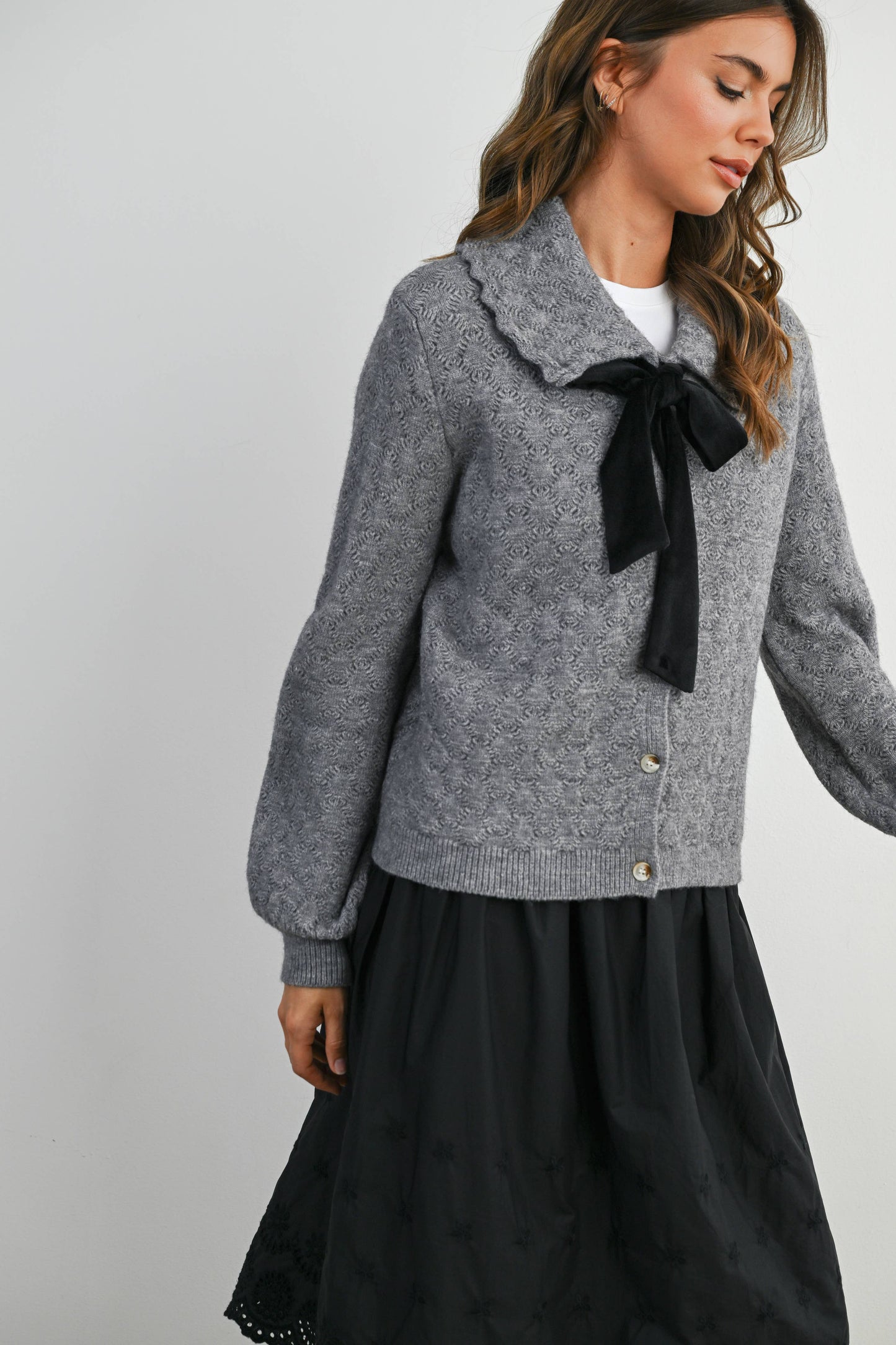 Button-Up Bow Front Collared Long Sleeve Top - BMC7776: IVORY / BLACK / S