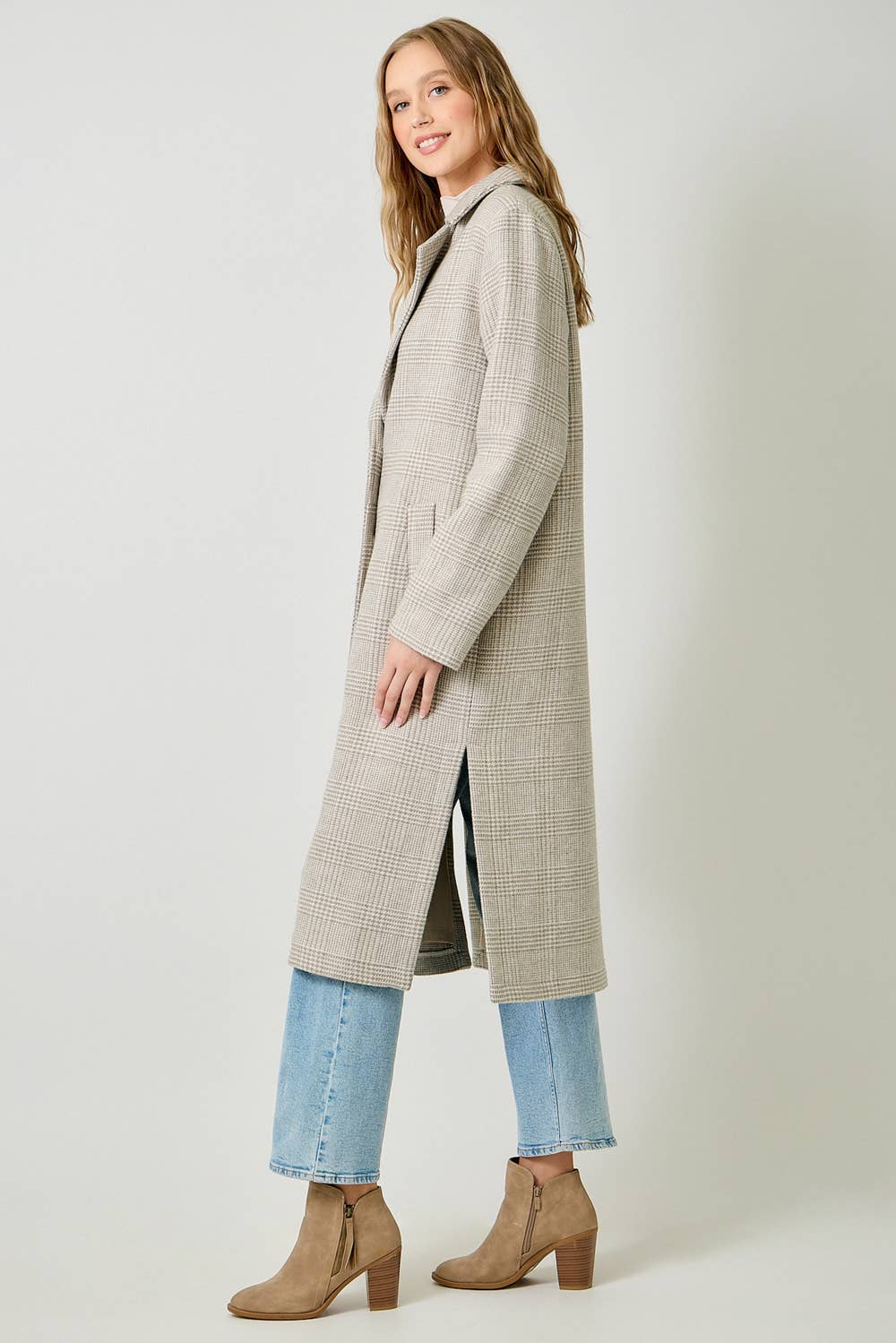 61159 Houndstooth Plaid Long Coat: Latte / Medium