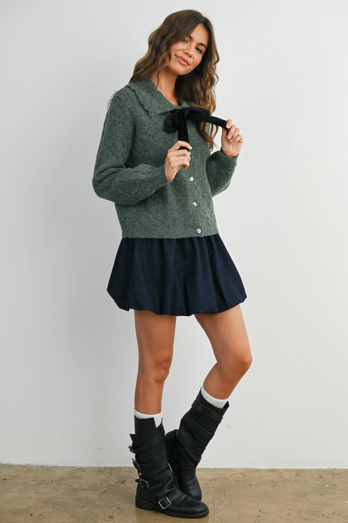Button-Up Bow Front Collared Long Sleeve Top - BMC7776: IVORY / BLACK / M