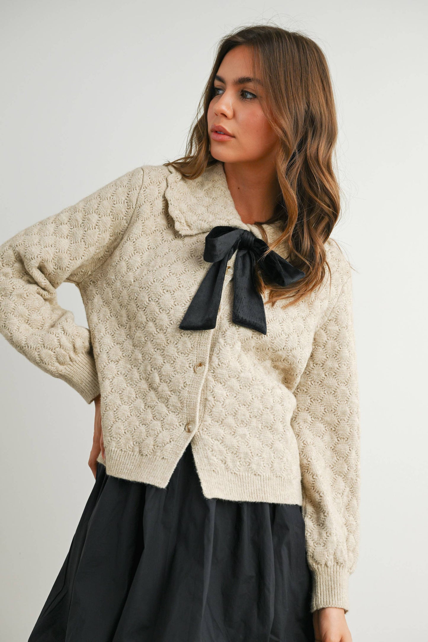 Button-Up Bow Front Collared Long Sleeve Top - BMC7776: IVORY / BLACK / L