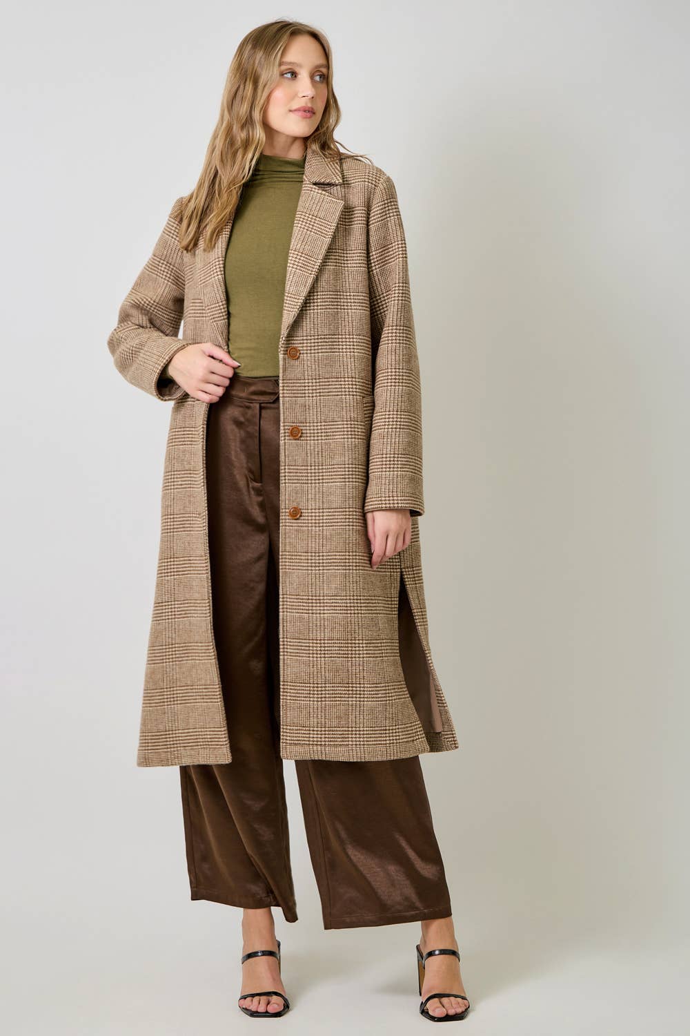 61159 Houndstooth Plaid Long Coat: Latte / Medium