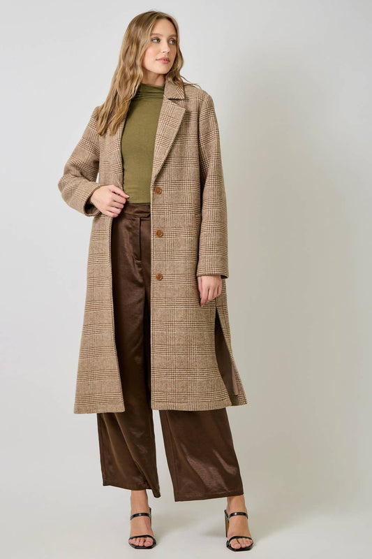 61159 Houndstooth Plaid Long Coat: Latte / Medium