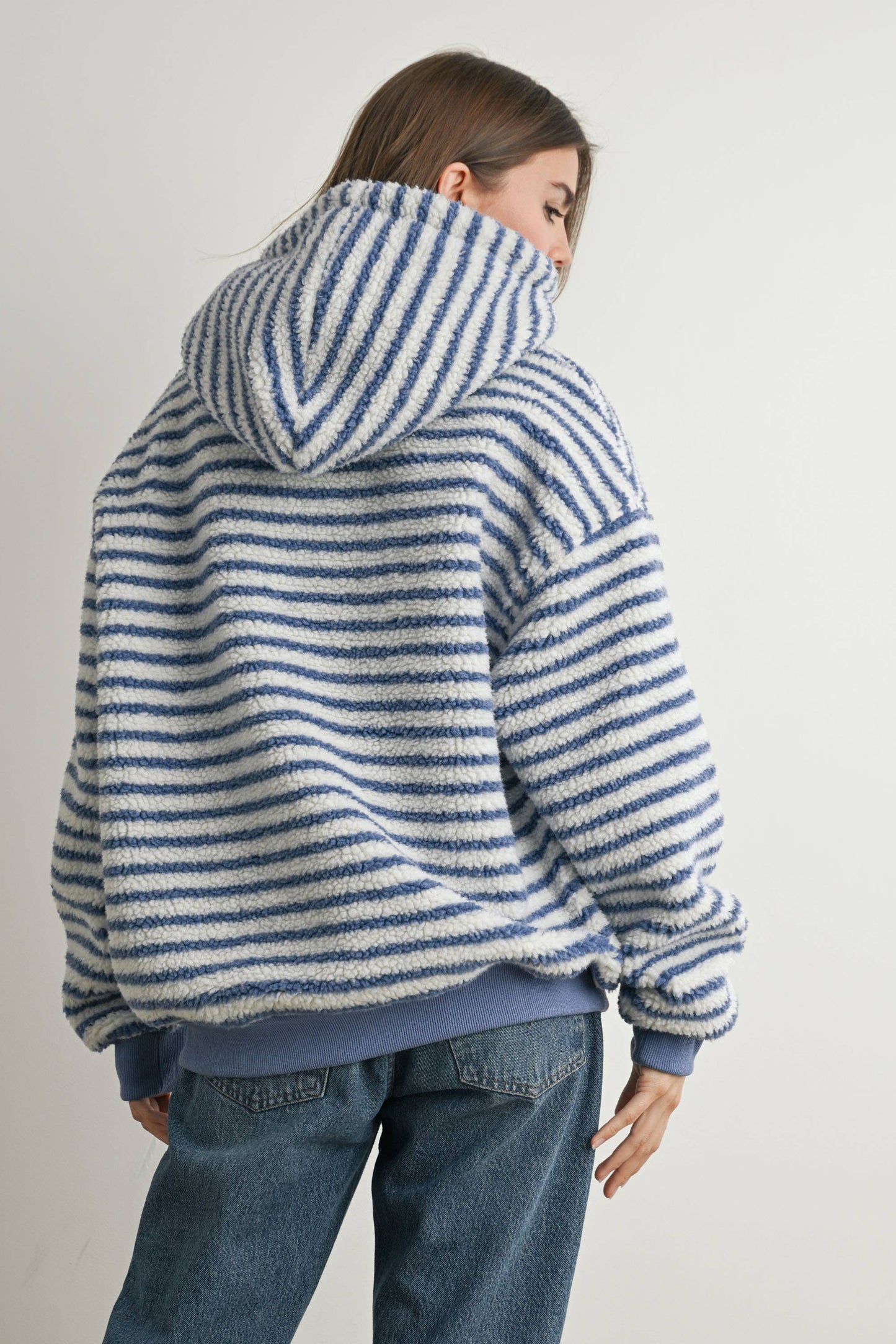 Brushed Striped Puffy Hoodie - BMT7801: BLUE / IVORY / L