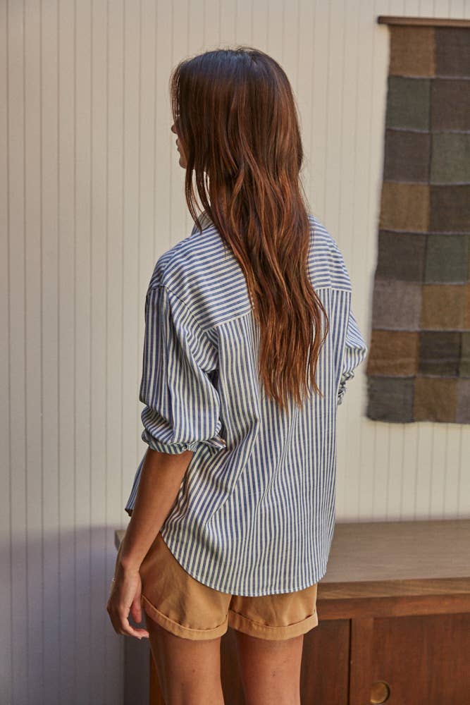 L5611 | Woven Cotton Collar Neck Button Front Long Sleeve: Blue / S