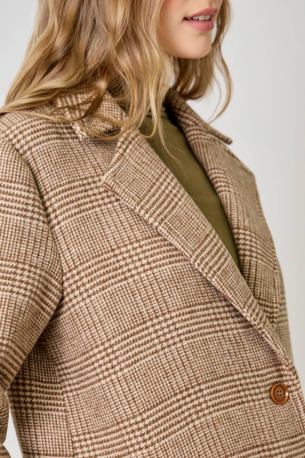 61159 Houndstooth Plaid Long Coat: Latte / Small