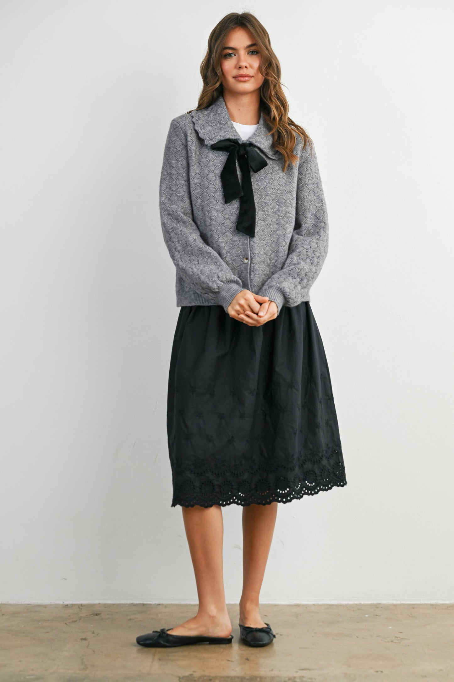 Button-Up Bow Front Collared Long Sleeve Top - BMC7776: IVORY / BLACK / M