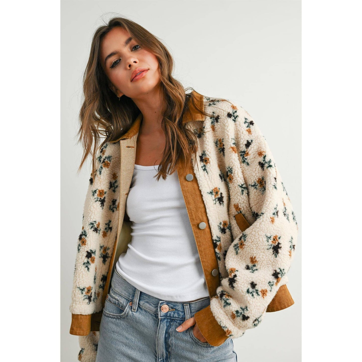 Floral  Collared Button-Down Jacket - BMJ7881: CREAM / CAMEL / S