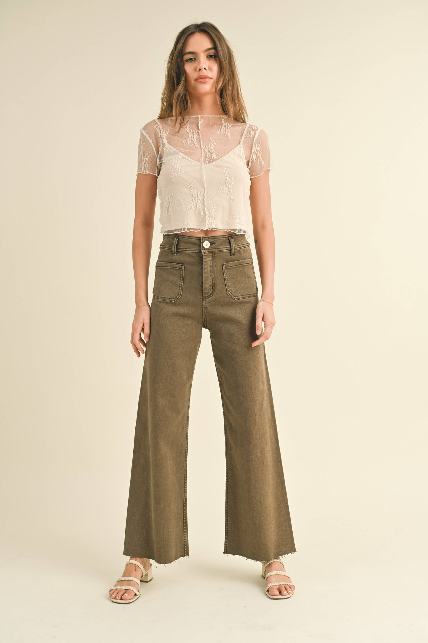 MMP1913   STRAIGHT WIDE LEG PANTS WITH FRONT POCKET: Washed Brown / M