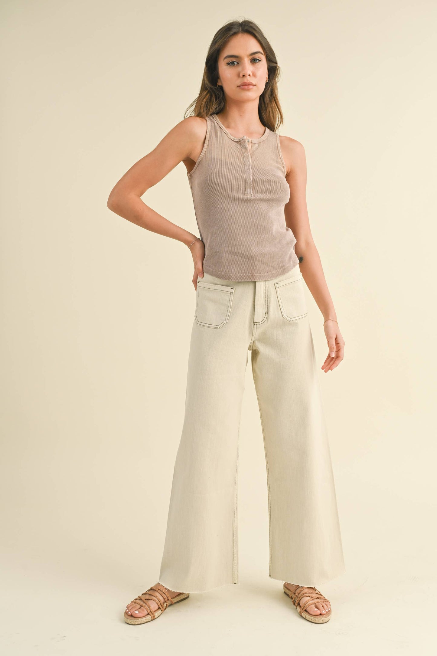 MMP1913   STRAIGHT WIDE LEG PANTS WITH FRONT POCKET: Washed Brown / L