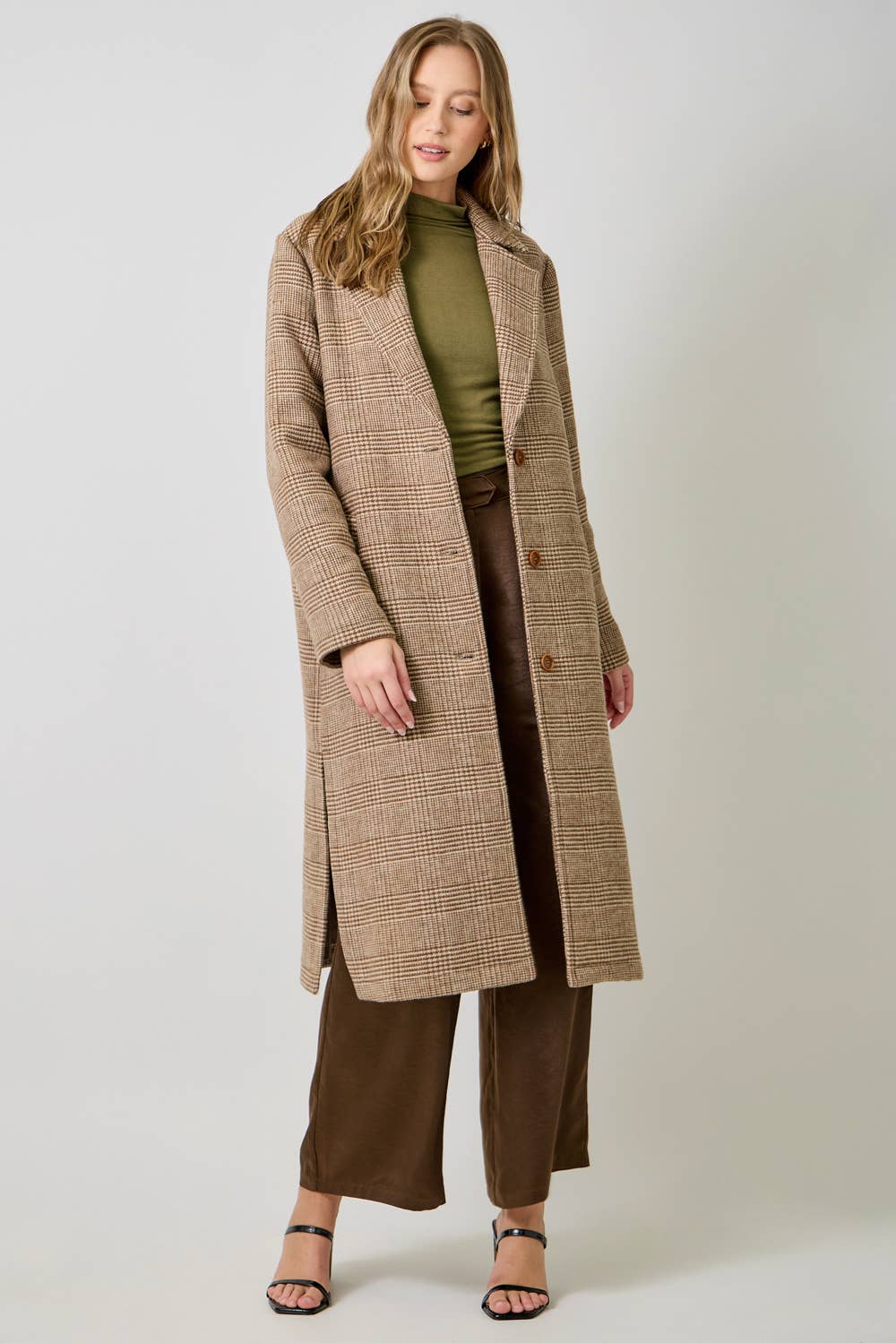 61159 Houndstooth Plaid Long Coat: Latte / Medium