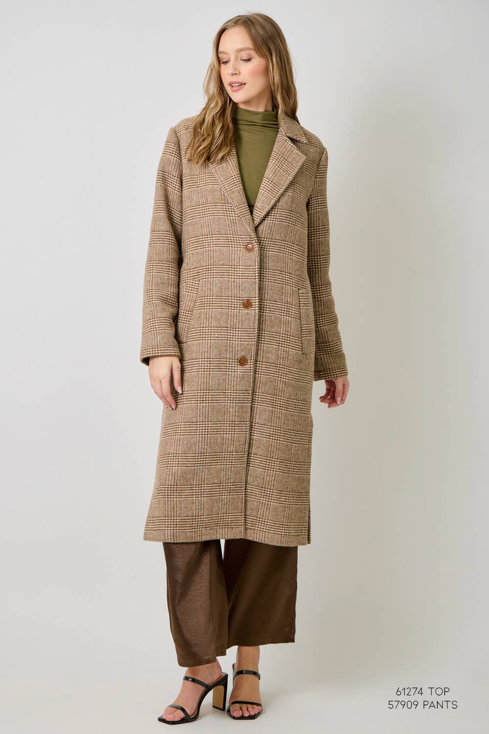 61159 Houndstooth Plaid Long Coat: Latte / Medium