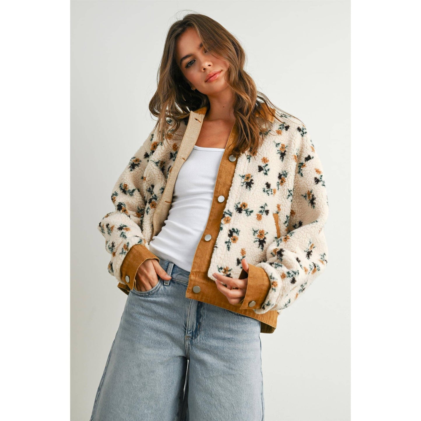 Floral  Collared Button-Down Jacket - BMJ7881: CREAM / CAMEL / L