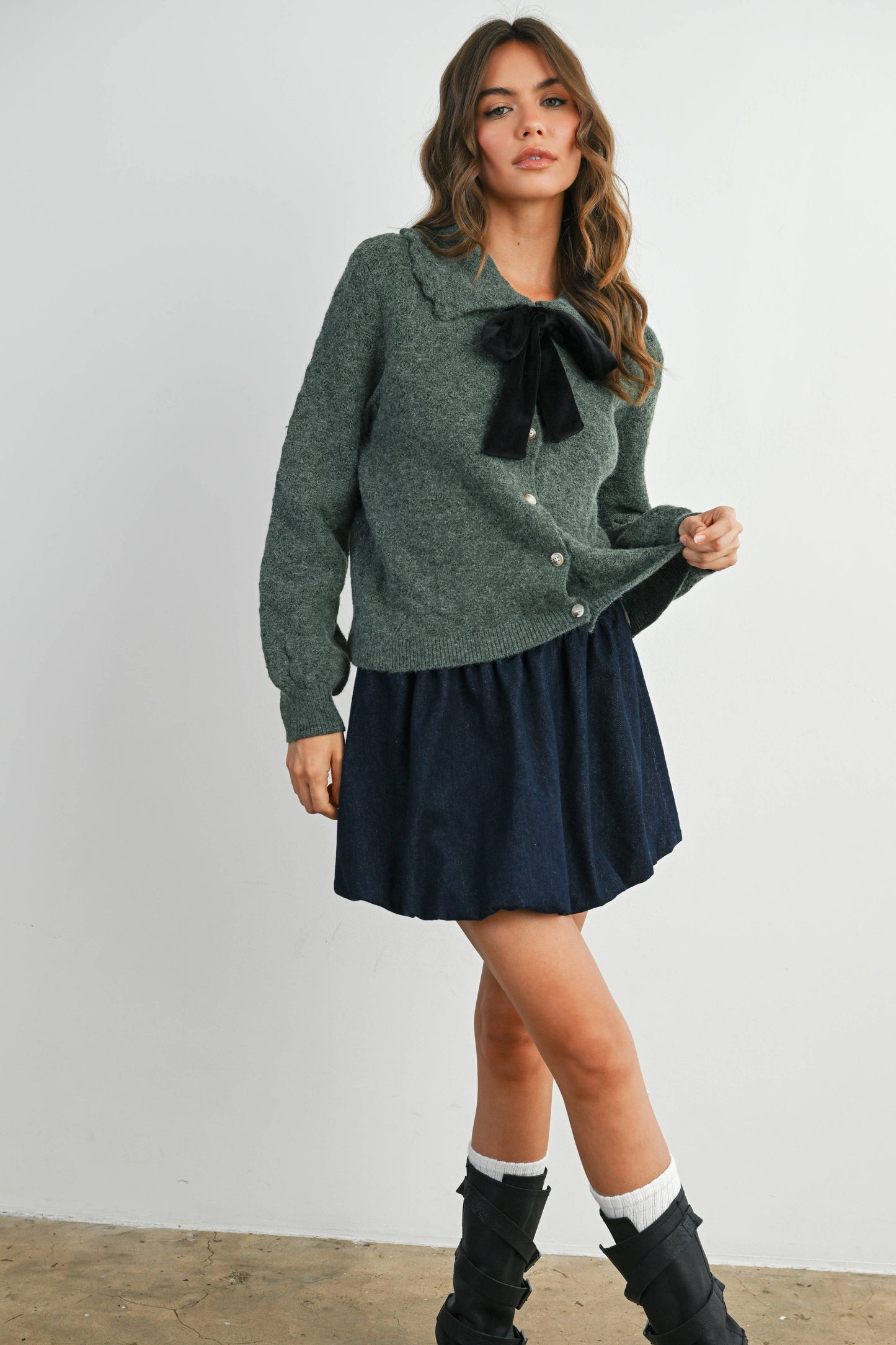 Button-Up Bow Front Collared Long Sleeve Top - BMC7776: IVORY / BLACK / M