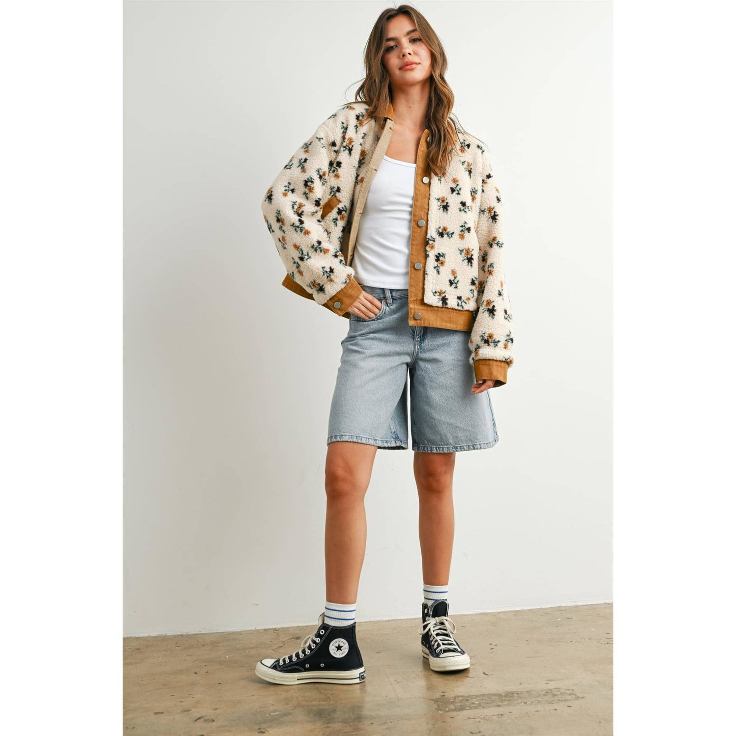 Floral  Collared Button-Down Jacket - BMJ7881: CREAM / CAMEL / S