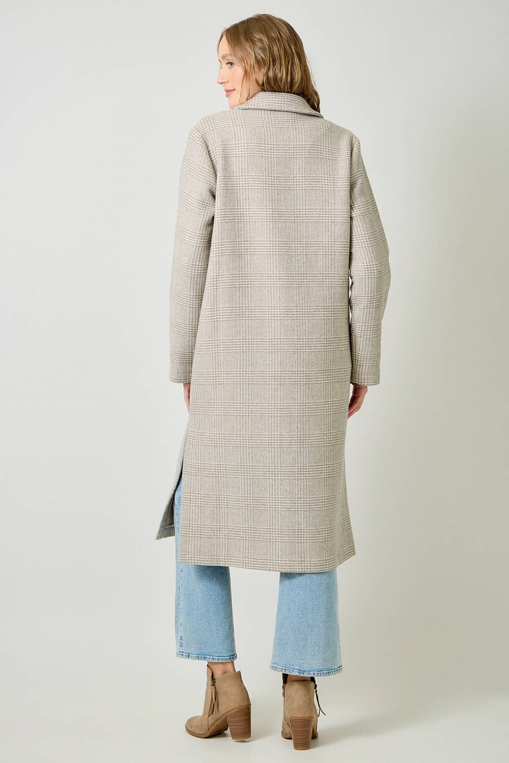 61159 Houndstooth Plaid Long Coat: Latte / Medium