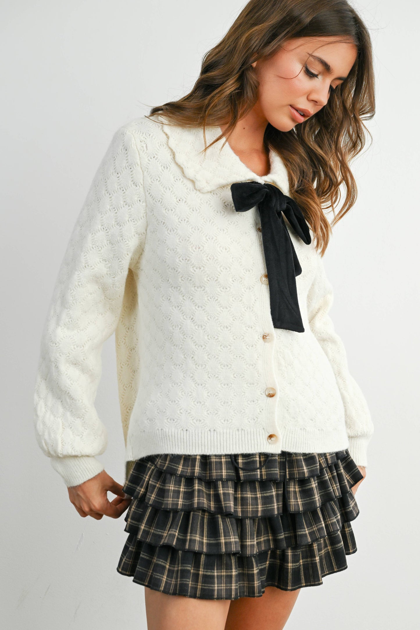 Button-Up Bow Front Collared Long Sleeve Top - BMC7776: IVORY / BLACK / S