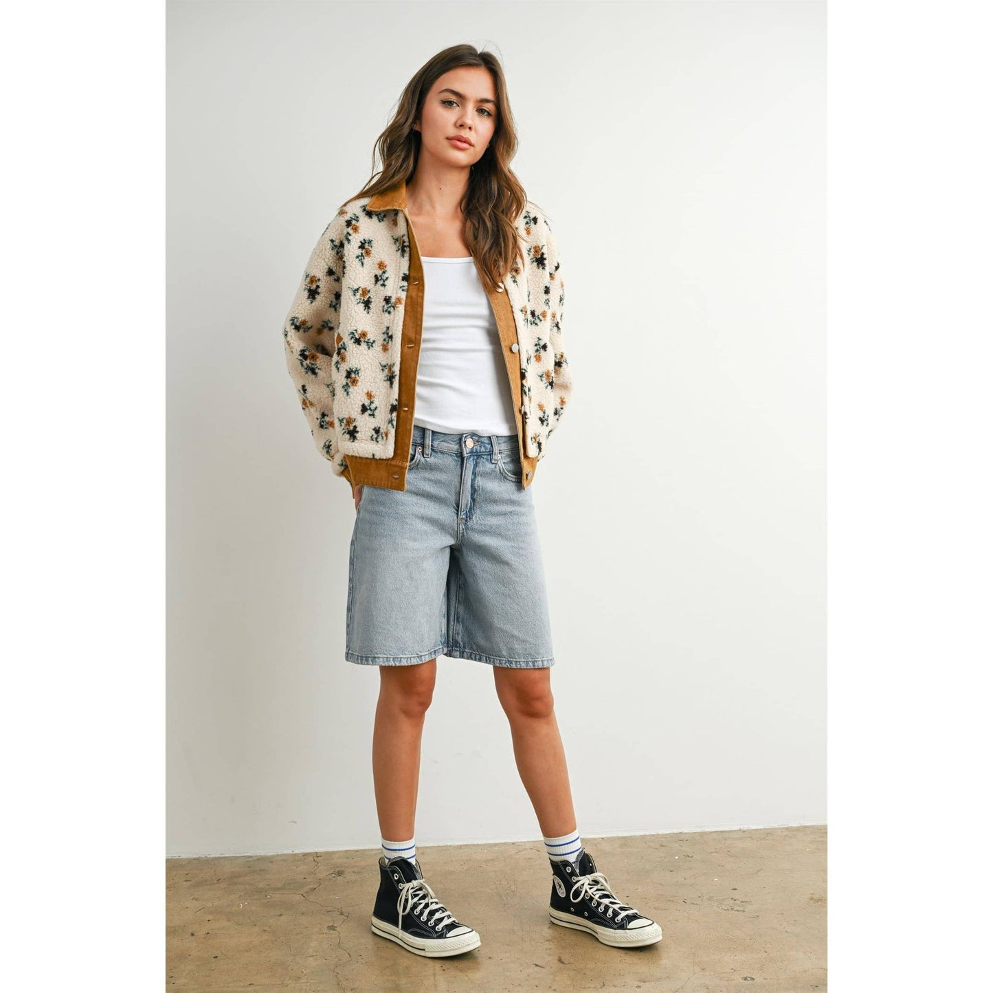 Floral  Collared Button-Down Jacket - BMJ7881: CREAM / CAMEL / M