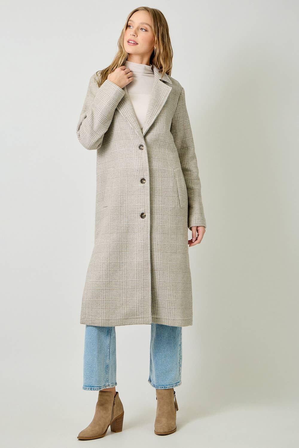 61159 Houndstooth Plaid Long Coat: Latte / Medium
