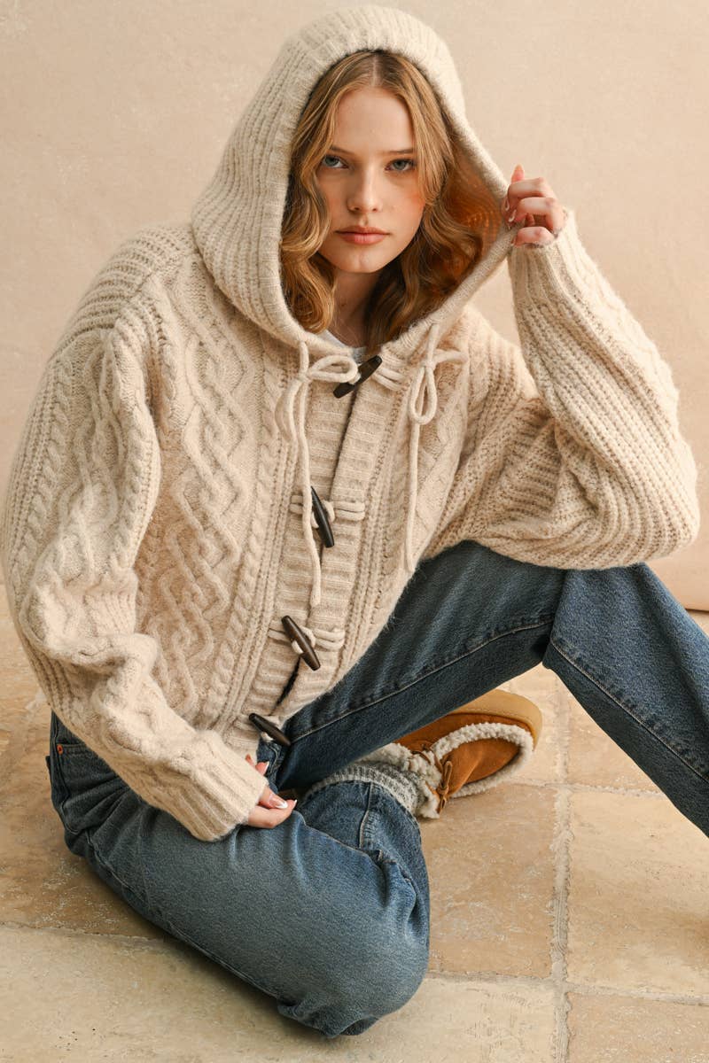 J5452   LONG SLEEVE CABLE KNIT CARDIGAN WITH HOOD: STONE / S