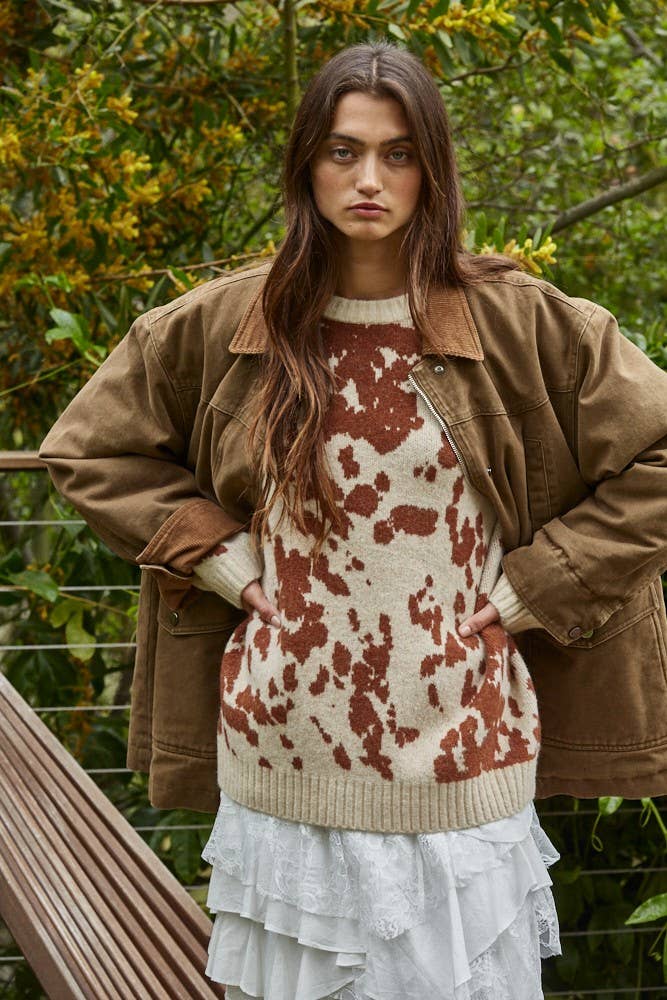 L8757 | Woven Cotton Collared Zip-Up Long Sleeve Jacket: Olive Brown / L