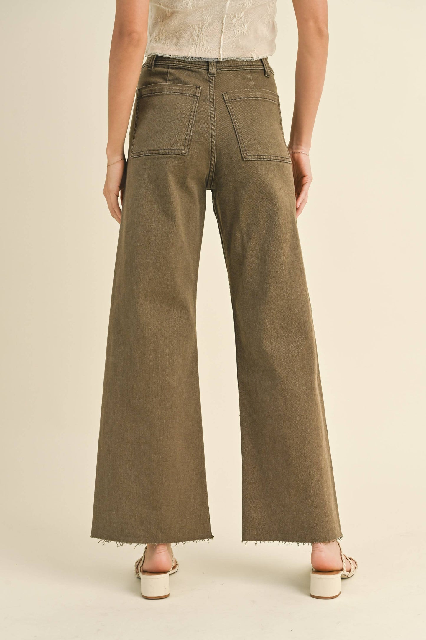 MMP1913   STRAIGHT WIDE LEG PANTS WITH FRONT POCKET: Washed Brown / L