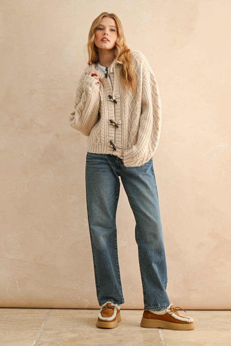 J5452   LONG SLEEVE CABLE KNIT CARDIGAN WITH HOOD: STONE / M