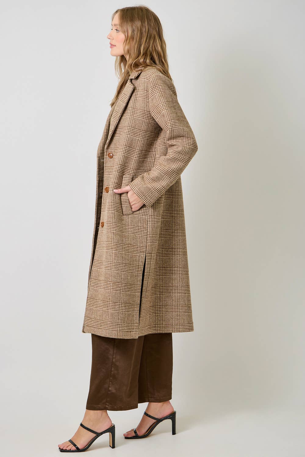 61159 Houndstooth Plaid Long Coat: Latte / Small