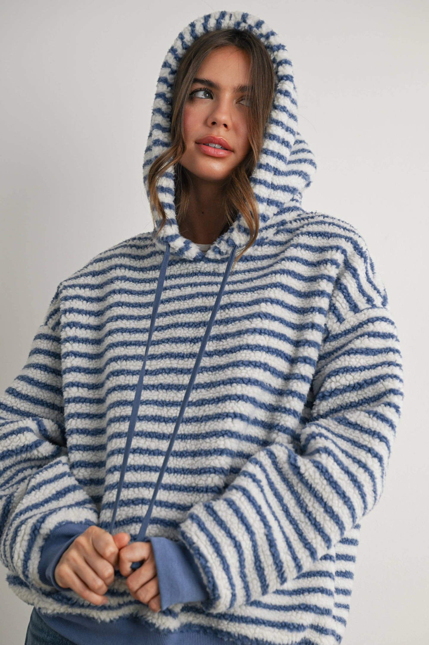 Brushed Striped Puffy Hoodie - BMT7801: BLUE / IVORY / L