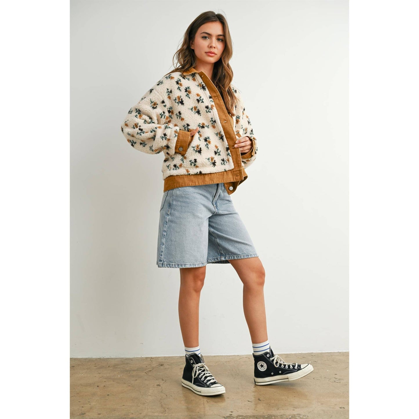 Floral  Collared Button-Down Jacket - BMJ7881: CREAM / CAMEL / M