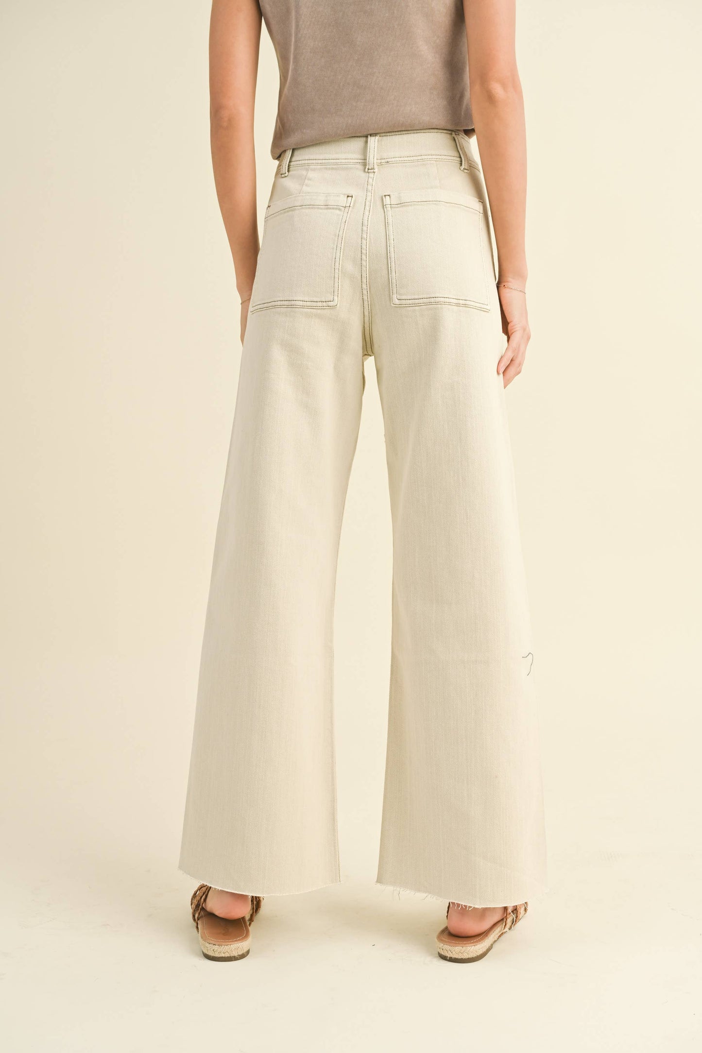 MMP1913   STRAIGHT WIDE LEG PANTS WITH FRONT POCKET: Washed Brown / S