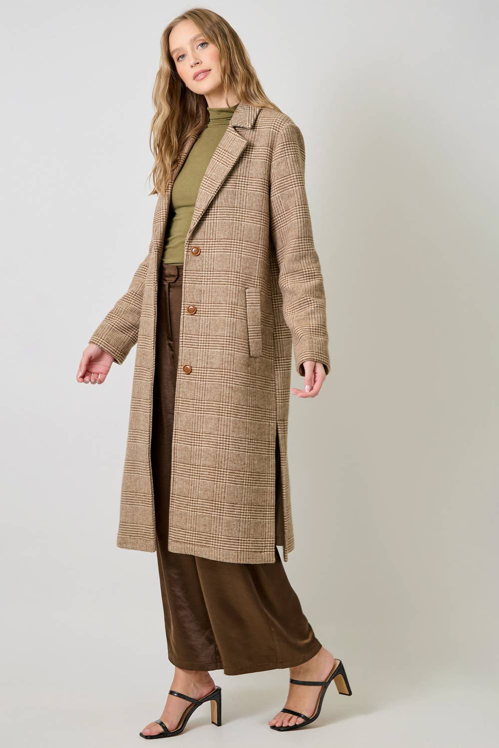 61159 Houndstooth Plaid Long Coat: Latte / Large