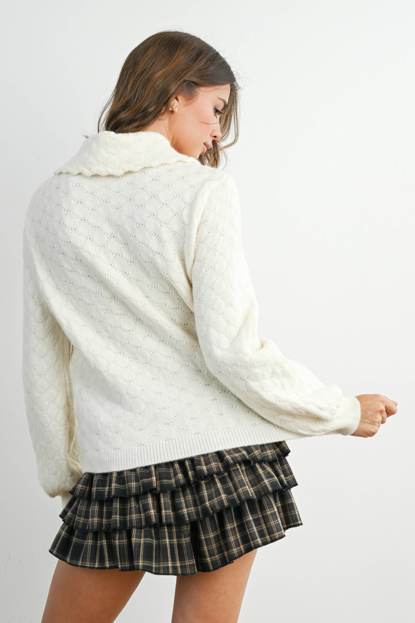 Button-Up Bow Front Collared Long Sleeve Top - BMC7776: IVORY / BLACK / L