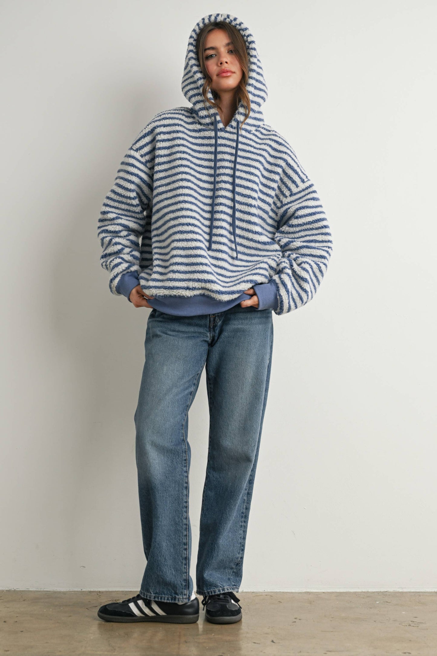 Brushed Striped Puffy Hoodie - BMT7801: BLUE / IVORY / L